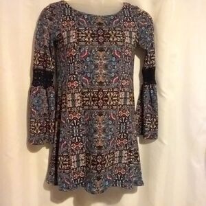 As U Wish Mini Dress Babydoll Bell Sleeve Lace Inset Boho Festival Retro Small